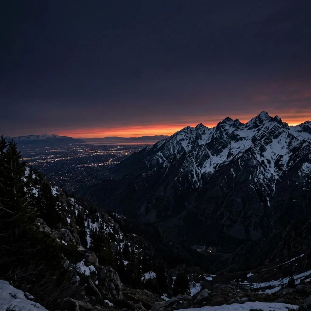 Snow-dusted Wasatch mountain peaks above the Salt Lake valley at dusk, with a thin red glow on the horizon