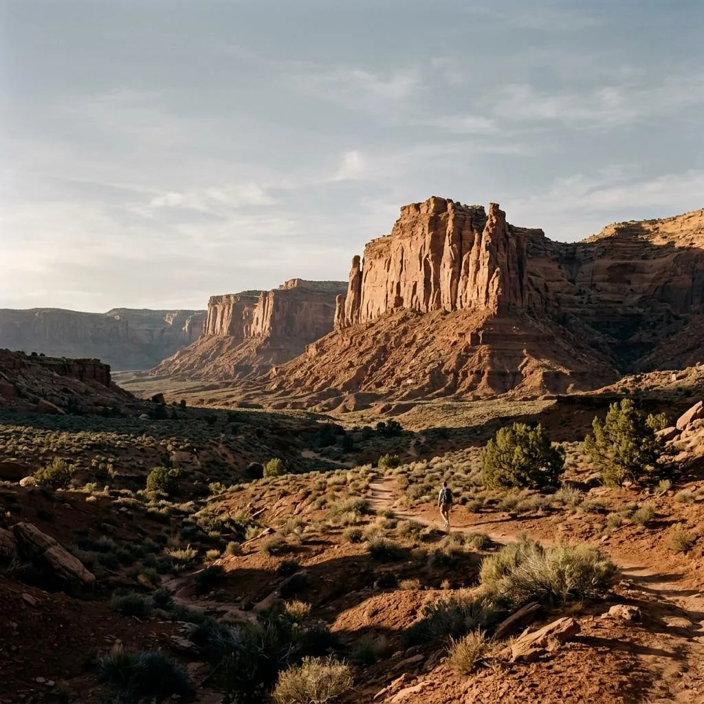 Sunlit red rock formations in southern Utah